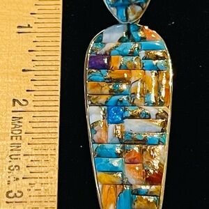 2 Piece Set: Santa Fe Spiny Turquoise, multi gemstone pendant PLUS earrings.